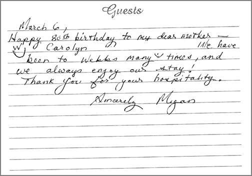 A guest comment taken from the guest book in one of our rooms