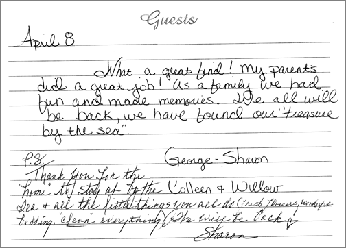 A guest comment taken from the guest book in one of our rooms