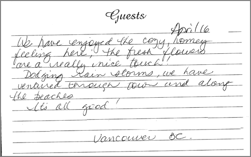 A guest comment taken from the guest book in one of our rooms