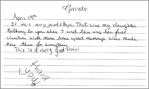 A guest comment taken from the guest book in one of our rooms