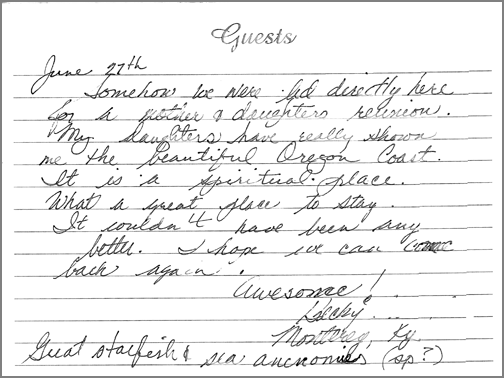 A guest comment taken from the guest book in one of our rooms