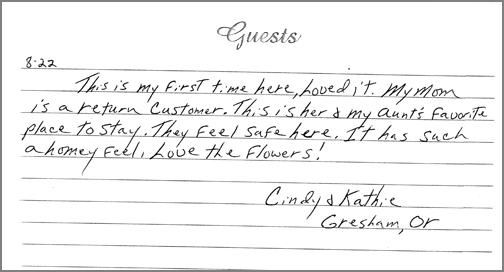 A guest comment taken from the guest book in one of our rooms