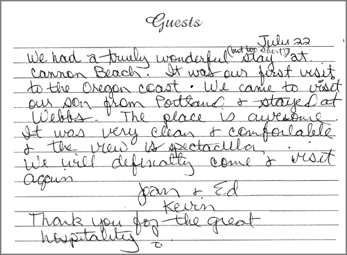 A guest comment taken from the guest book in one of our rooms